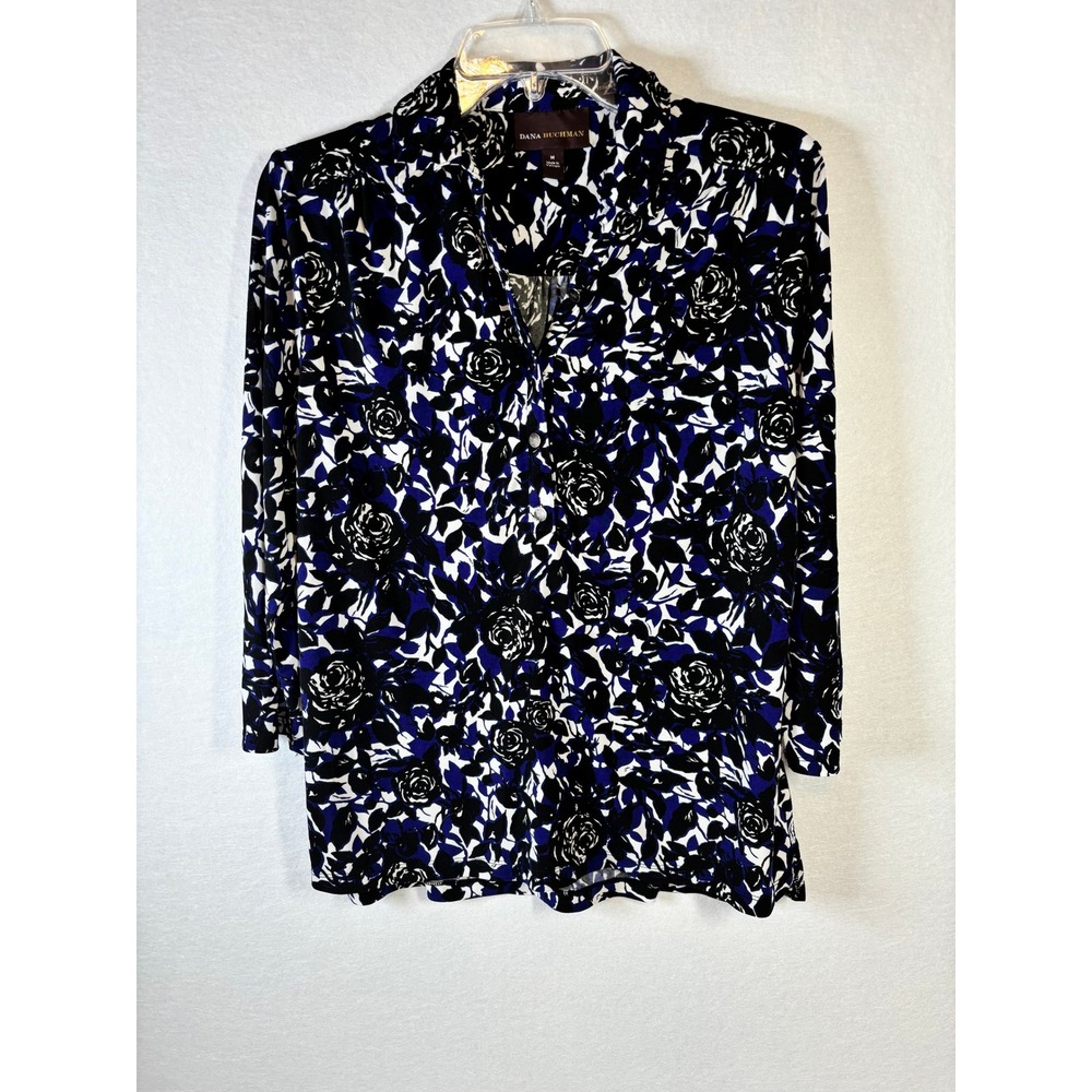 Dana Buchman Blue Black Floral Jersey Knit 3/4 Sleeve Button Blouse Women Medium